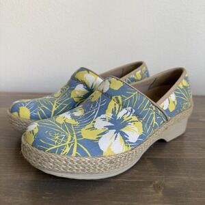 Dansko Womens 37 Blue Yellow Floral Canvas Victoria Tahiti Slip On Comfort Cloge